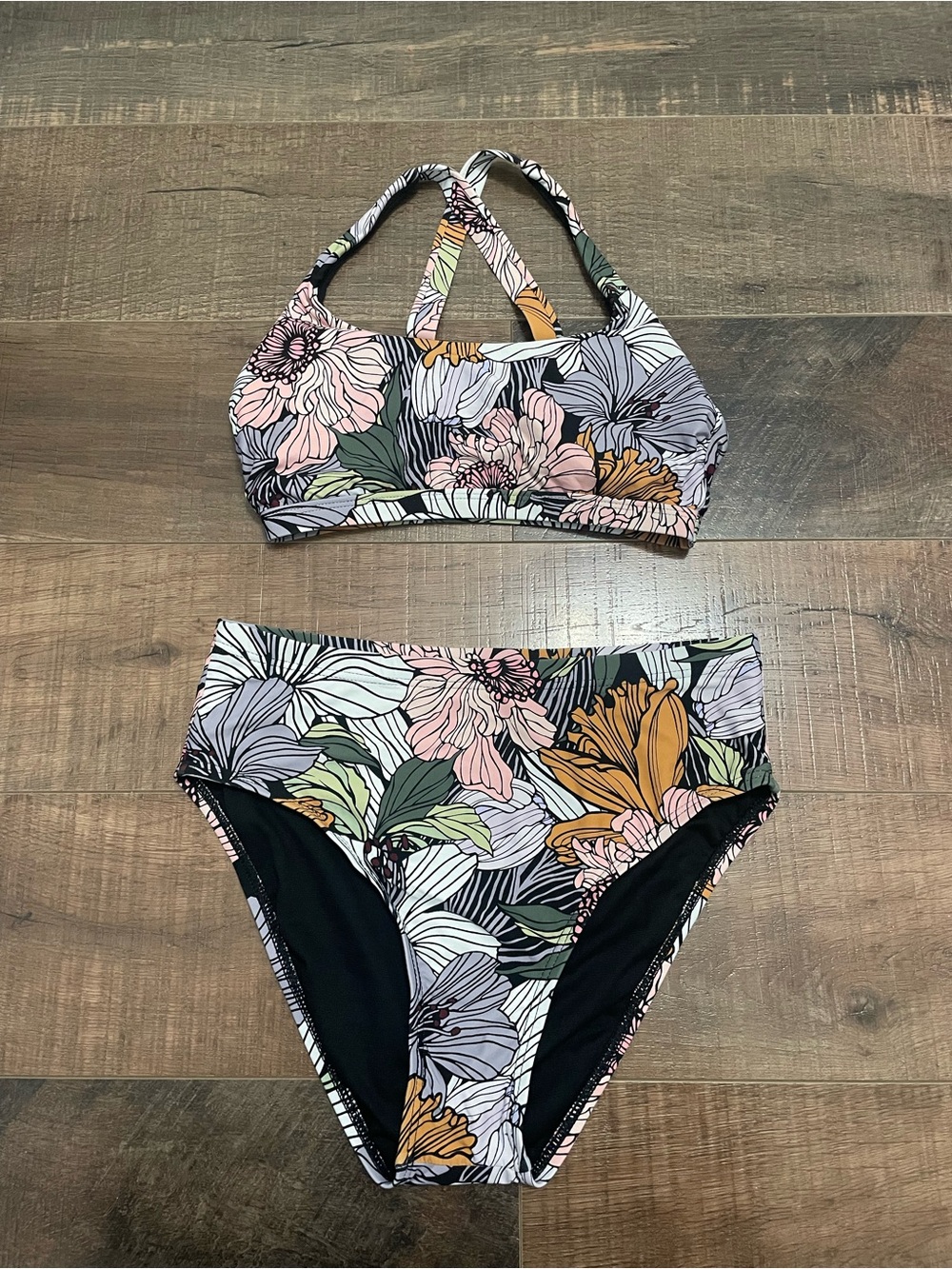 Title Nine Bikini High Waisted Scoop Top Floral S/M